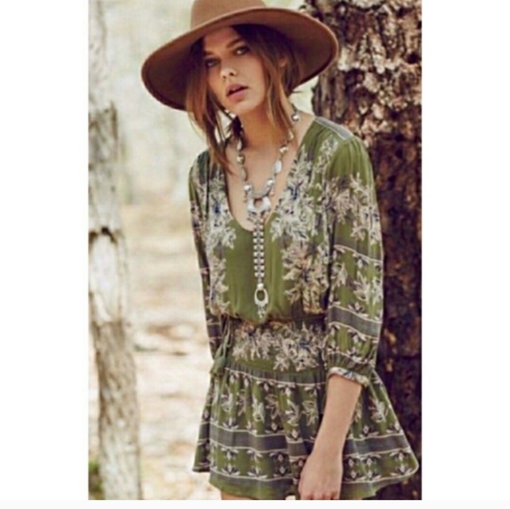 Free People Moon Light Drive Chic Olive Floral Dress